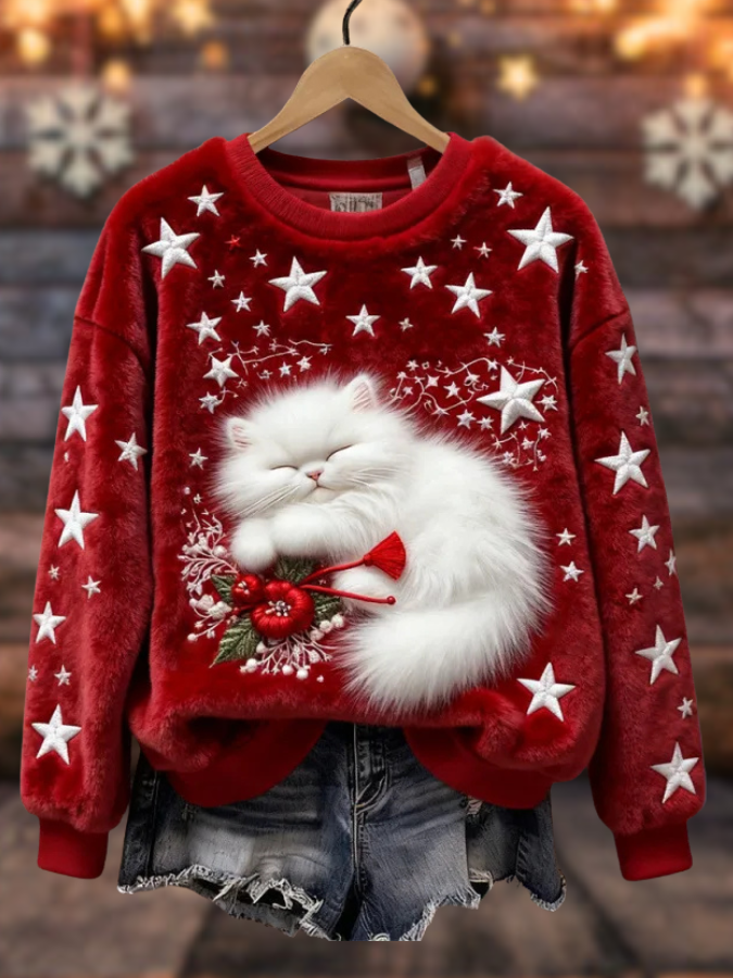 Beatriz – Suéter navideño suave con gatita blanca y estrellas