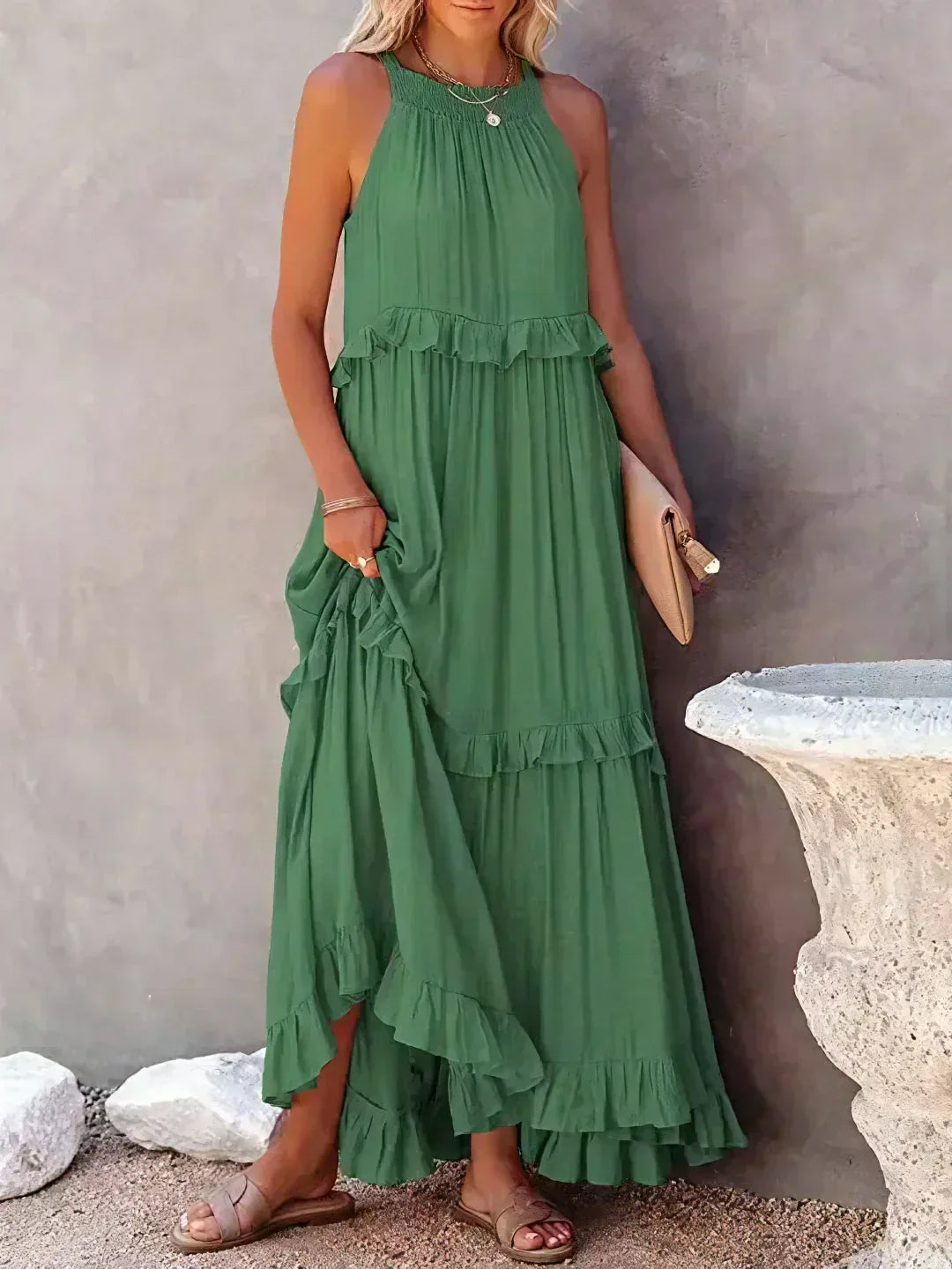 Robyn - Vestido Maxi con Volantes y Cuello Halter