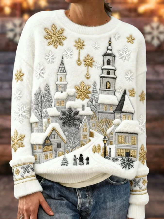 Rosa – Suéter navideño invernal con copos dorados y pueblo navideño
