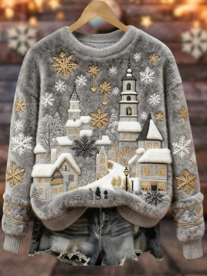 Estela – Suéter navideño suave con pueblo gris y copos dorados