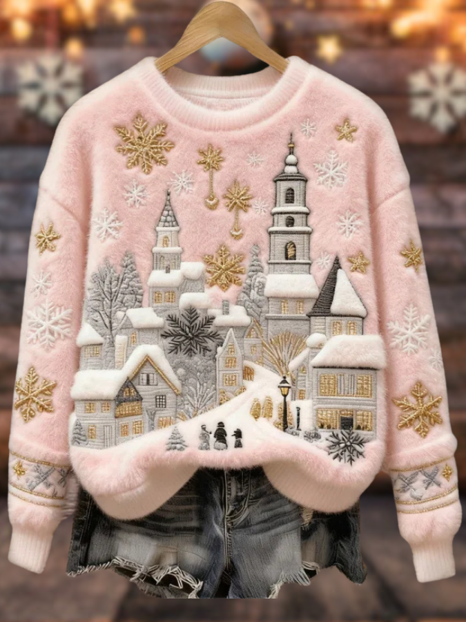 Helena – Suéter navideño suave con pueblo rosado y copos dorados