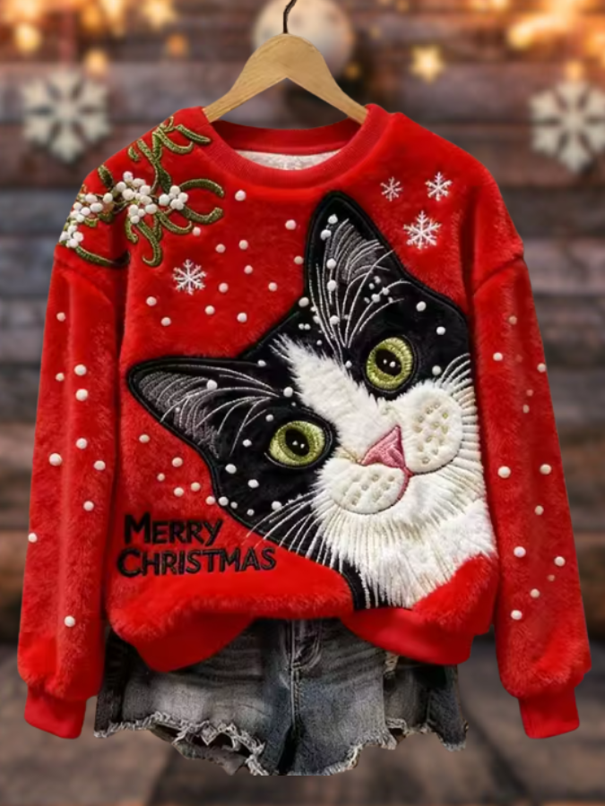 Elena – Suéter navideño con gatito grande y detalles de nieve