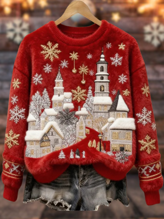 Verónica – Suéter navideño suave con pueblo rojo y copos dorados