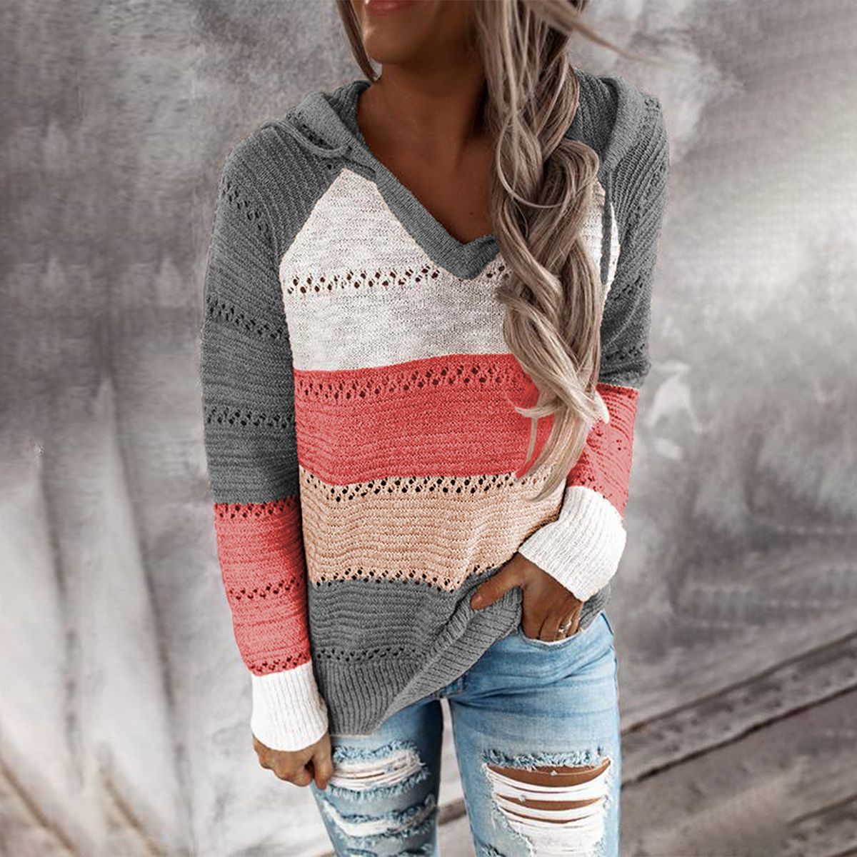 Sudadera con Capucha de Estampado a Rayas de Color Único