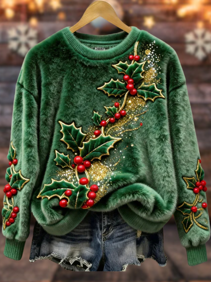 Rocío – Suéter navideño suave con hojas de acebo y destellos dorados