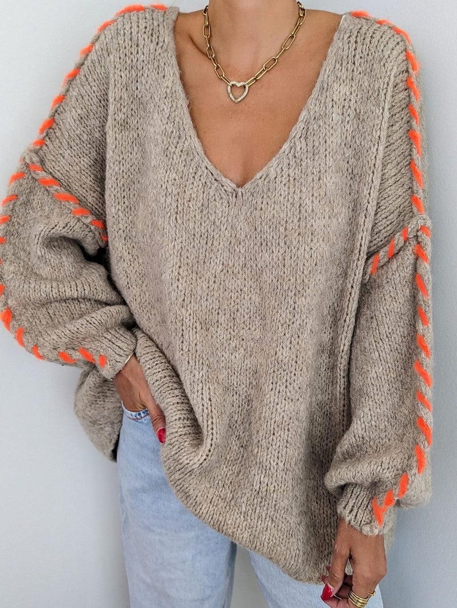 Suéter de Manga Larga de Cuello en V con Estampado Holgado