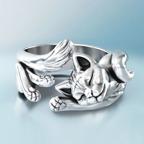 Anillo vintage con gato en plata