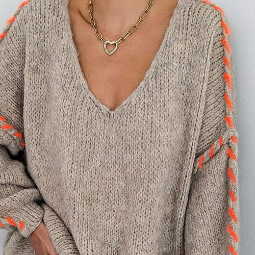 Suéter de Manga Larga de Cuello en V con Estampado Holgado