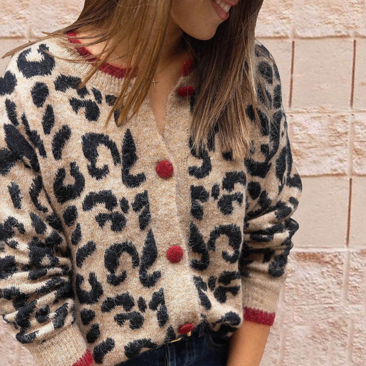 Cárdigan de Manga Larga con Estampado de Leopardo Marrón Único