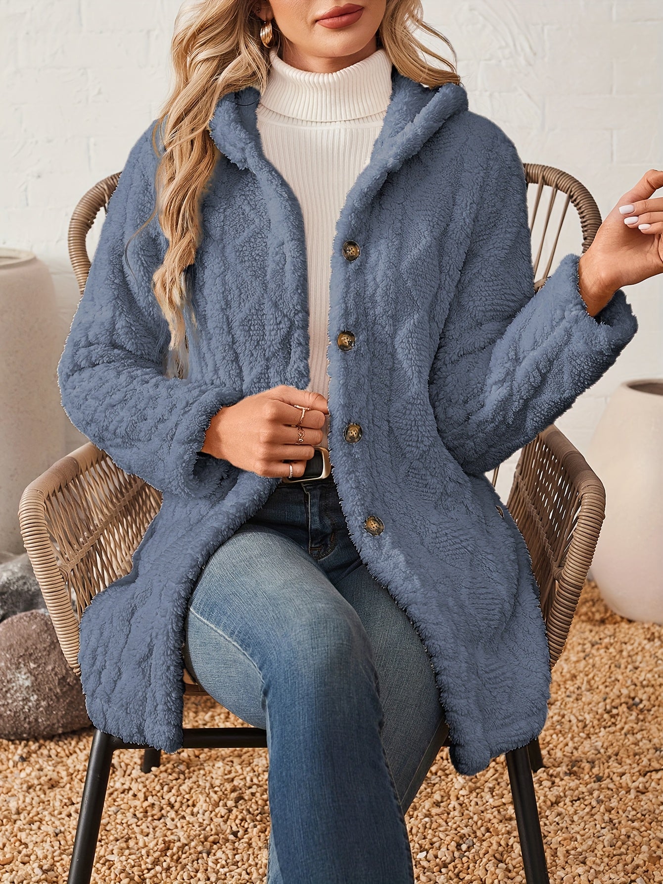 Chaqueta de Forro Polar con Botón, Abrigo Texturizado de Manga Larga Térmica Casual para Otoño e Invierno, Ropa de Mujer