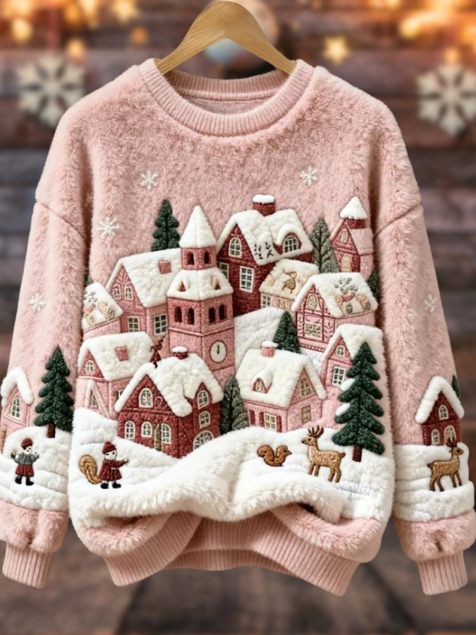 Mercedes – Suéter navideño suave con pueblo rosado y animalitos de invierno