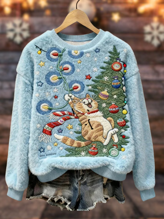 Marina – Suéter navideño suave con gatito travieso y árbol de Navidad