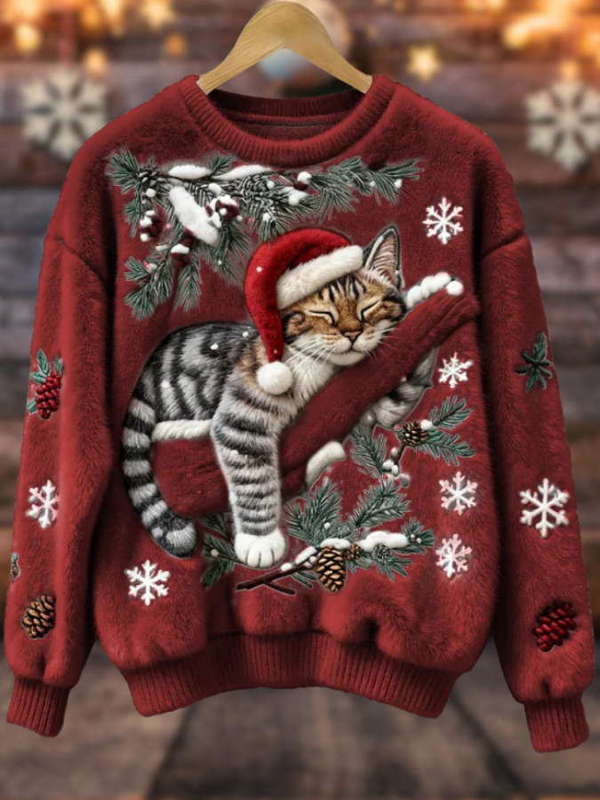 Dolores – Suéter navideño suave con gatito y ramas invernales