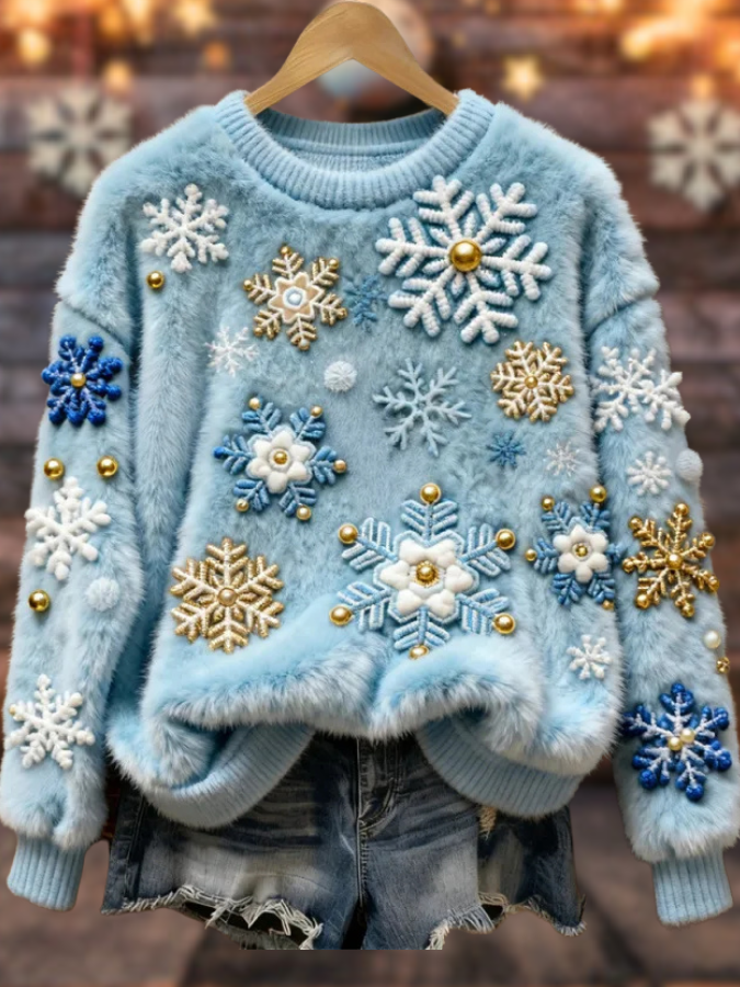 Leticia – Suéter invernal suave con copos 3D y detalles de perlas
