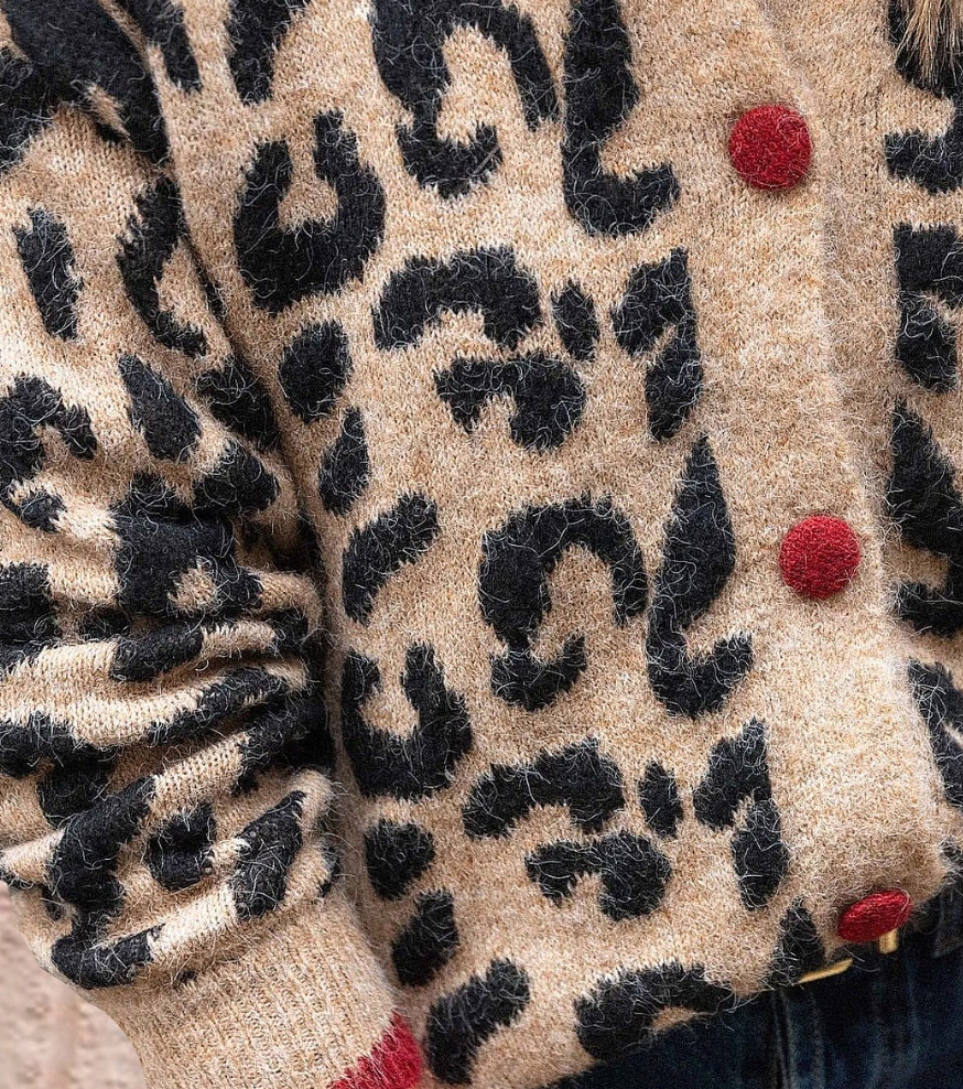 Cárdigan de Manga Larga con Estampado de Leopardo Marrón Único