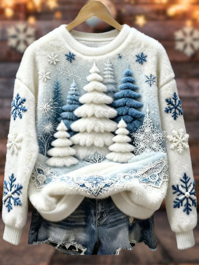 Adriana – Suéter invernal suave con árboles 3D y paisaje nevado