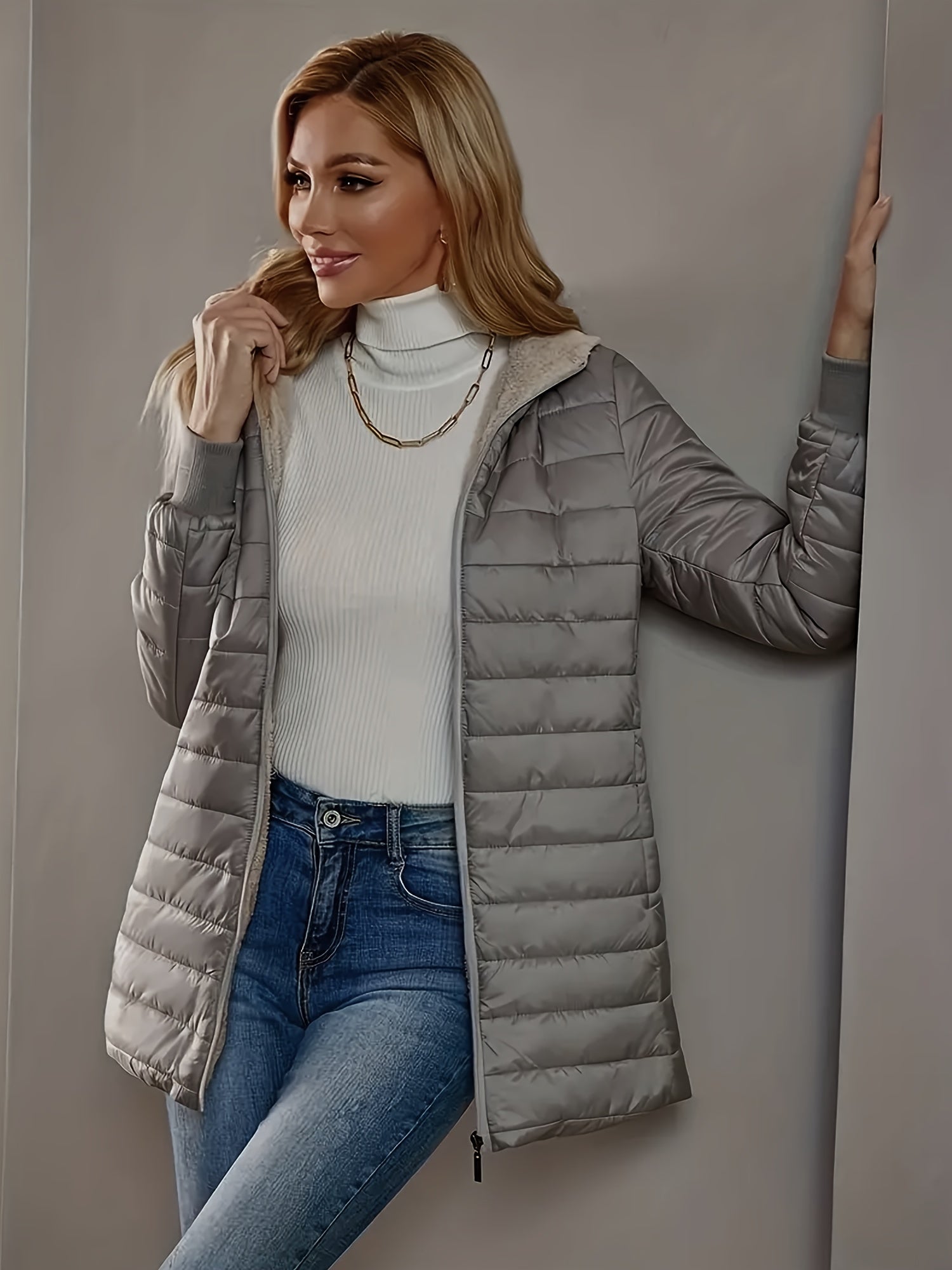 Abrigo Largo con Capucha para Mujeres - Chaqueta de Invierno Azul Marino, Abrigo de Media Longitud para Climas Fríos con Cierre de Cremallera, No Aislante para Eventos Diarios y Formales, Abrigos de Invierno para Damas, Moda Estacional, Diseño Elegante, F