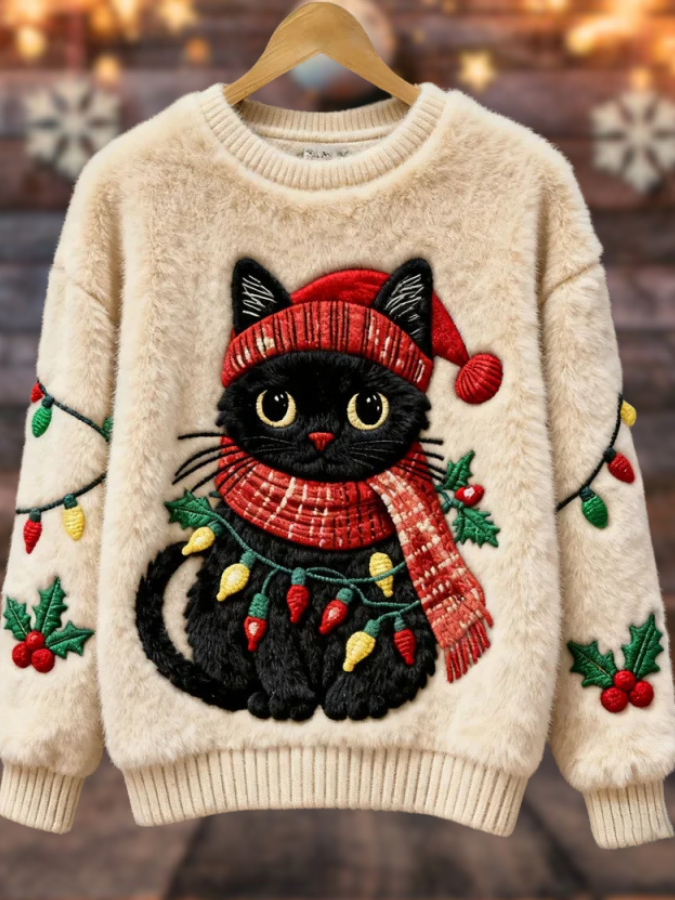 Elvira – Suéter navideño suave con gatito negro y luces festivas