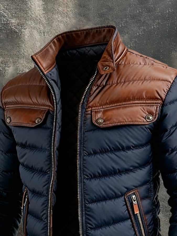 Chaqueta Azul Hombre con Cuero