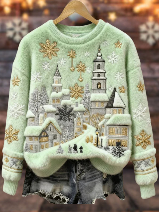 Alicia – Suéter navideño suave con pueblo verde menta y copos dorados