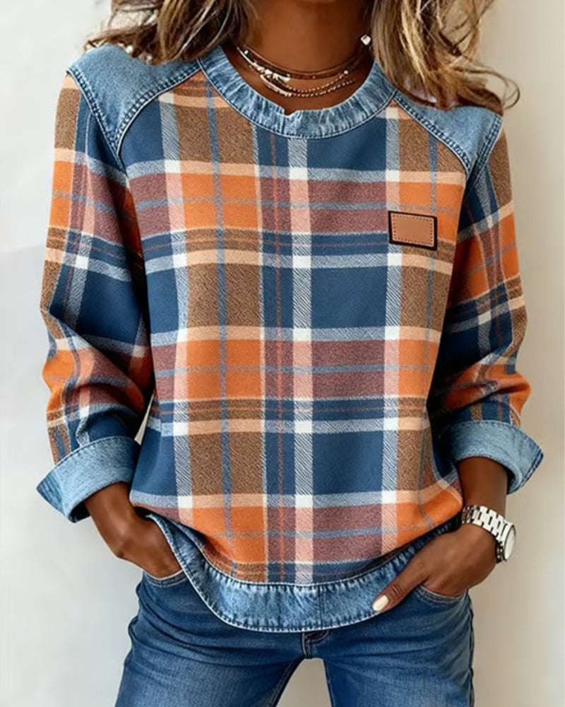 Sweat-shirt en denim avec patchwork pour femmes, col rond et décontracté