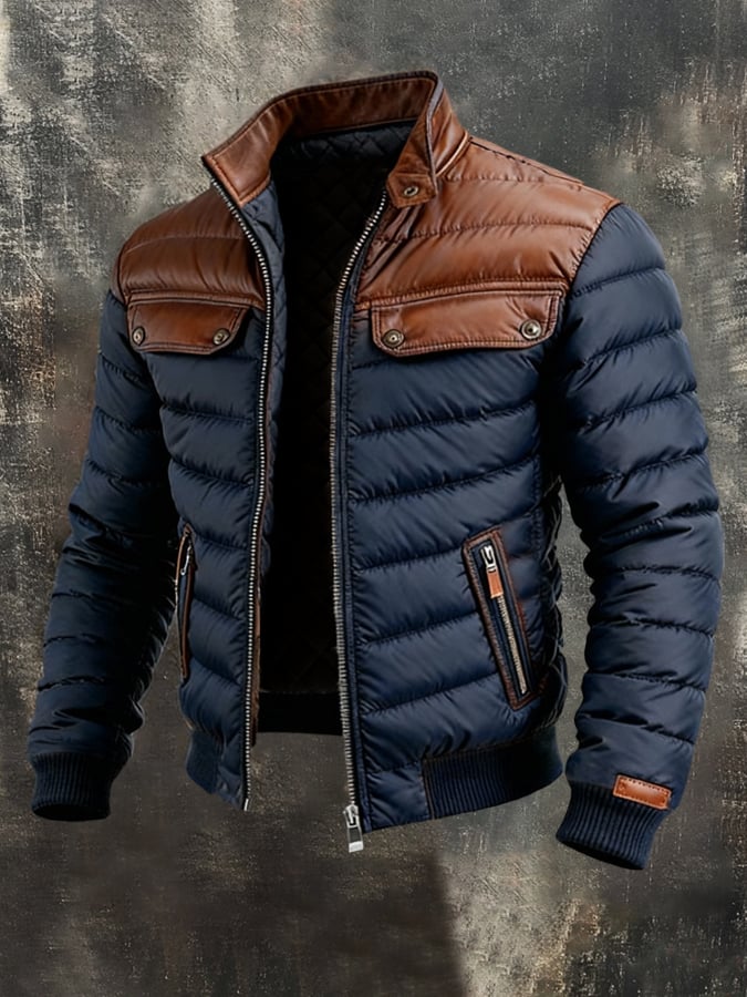 Chaqueta Azul Hombre con Cuero