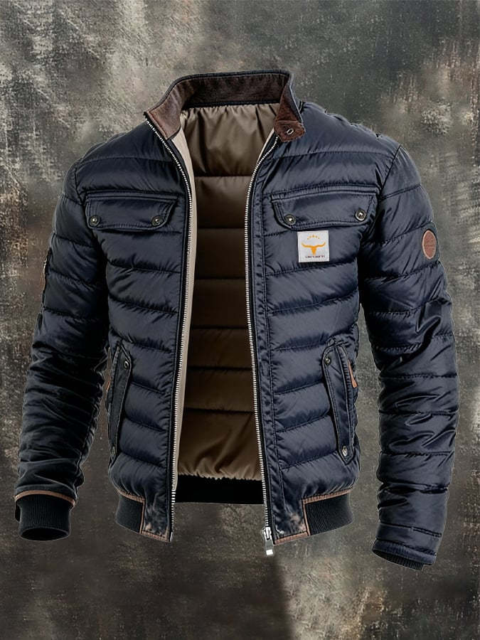 Chaqueta Azul Hombre con Cuero
