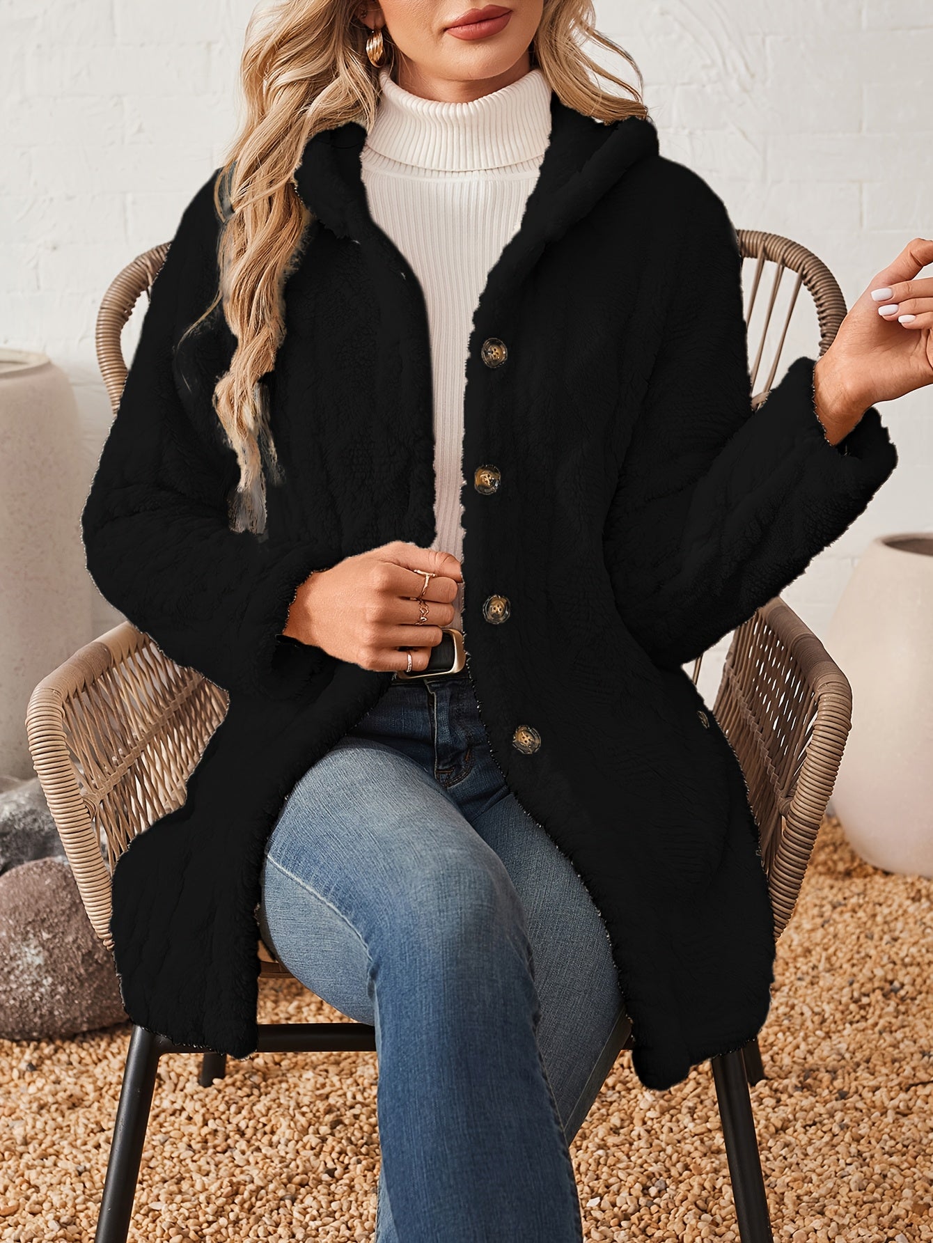 Chaqueta de Forro Polar con Botón, Abrigo Texturizado de Manga Larga Térmica Casual para Otoño e Invierno, Ropa de Mujer